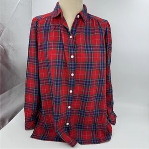 J Jill Red Plaid Flannel Shirt Womens Size M Petite Tunic Button Up Long Sleeves